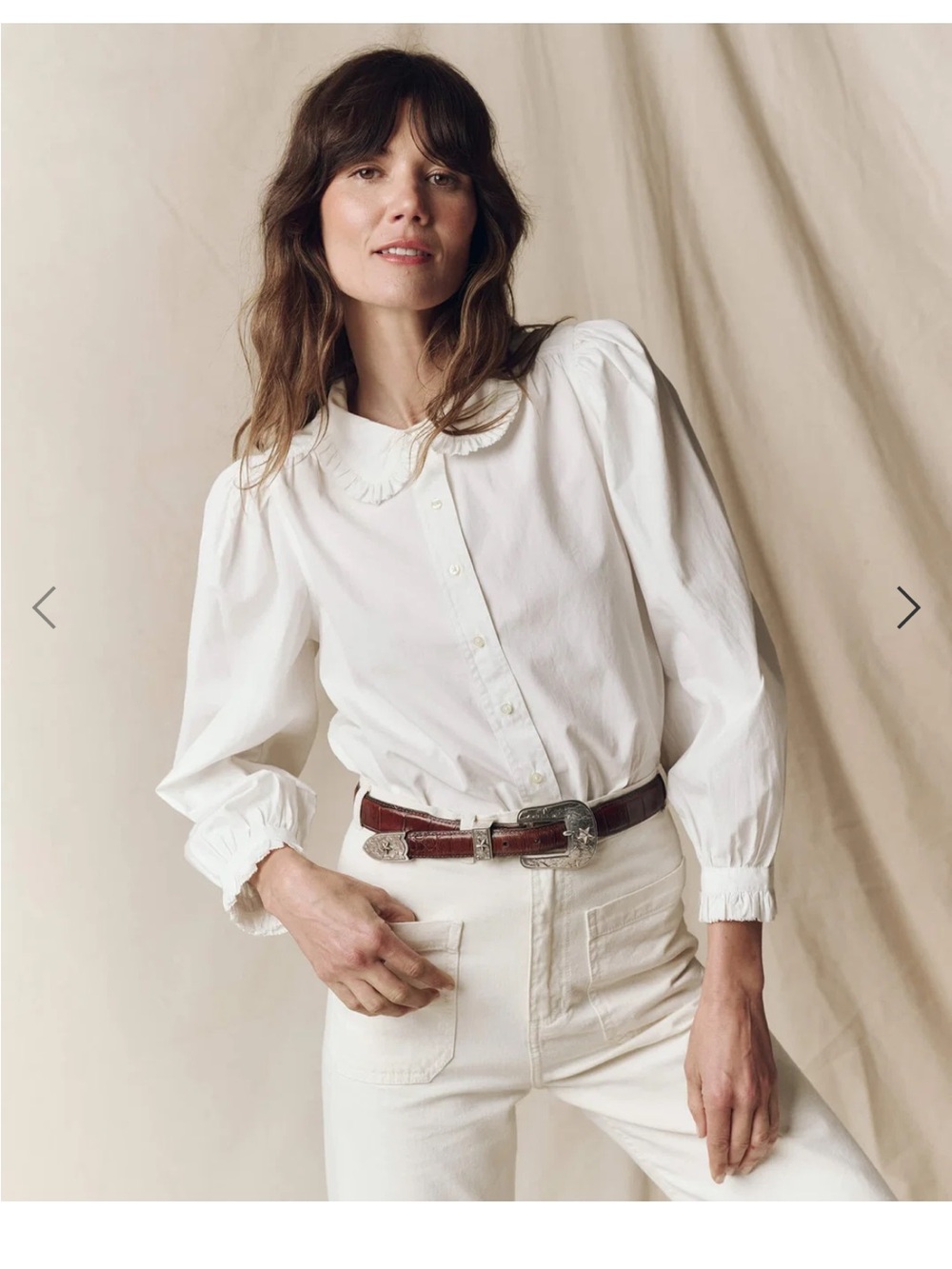 THE GREAT. White Puff-Sleeve Button-Front Blouse with Ruffle Collar